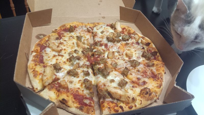 A photo of a pizza with cheese, sausage, and chicken, on a black table. A cute white-fur cat is sitting on the table next to the pizza.